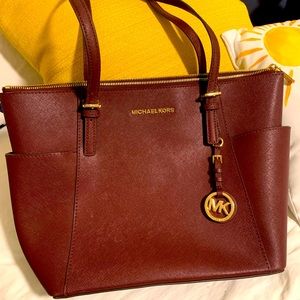 Michael Kors Burgundy Saffiano Leather Tote with Gold Hardware